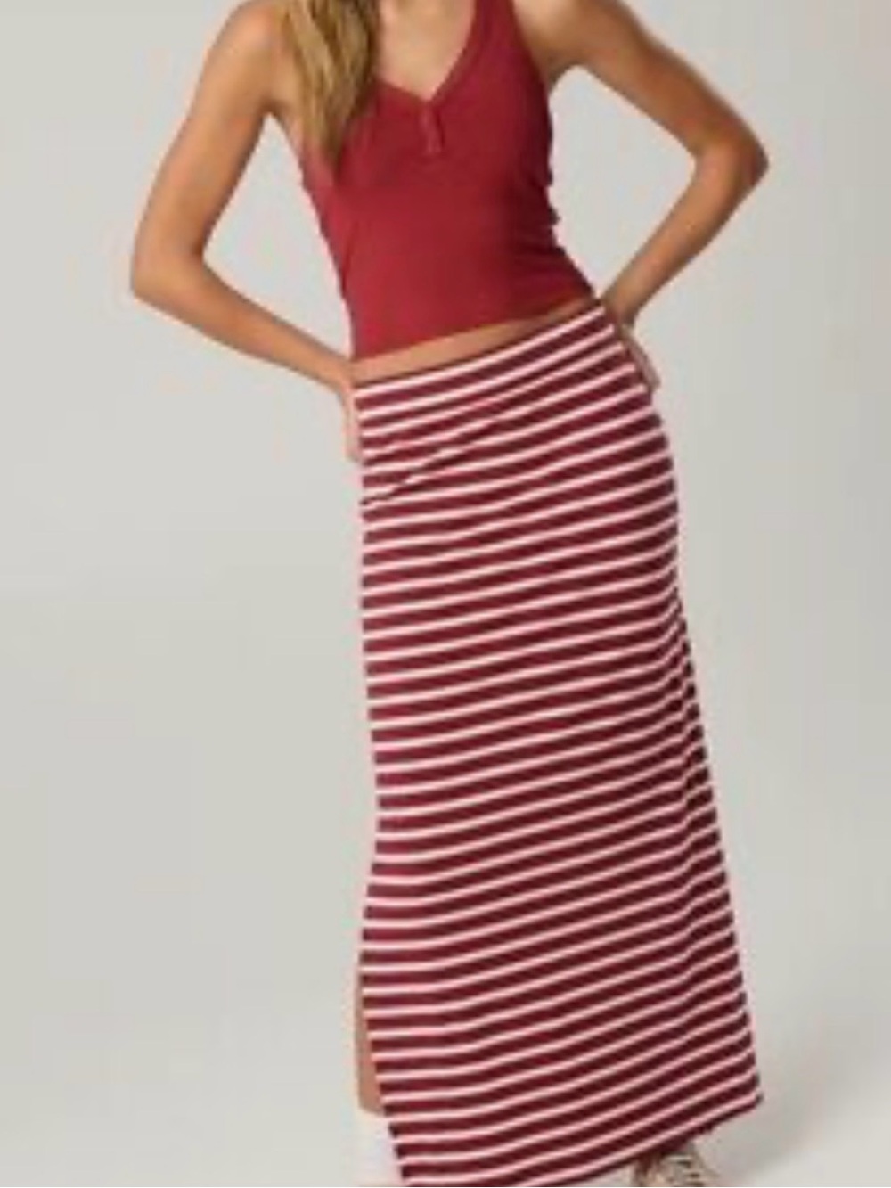 Offline by Aerie  Burgundy and White Striped Maxi Skirt